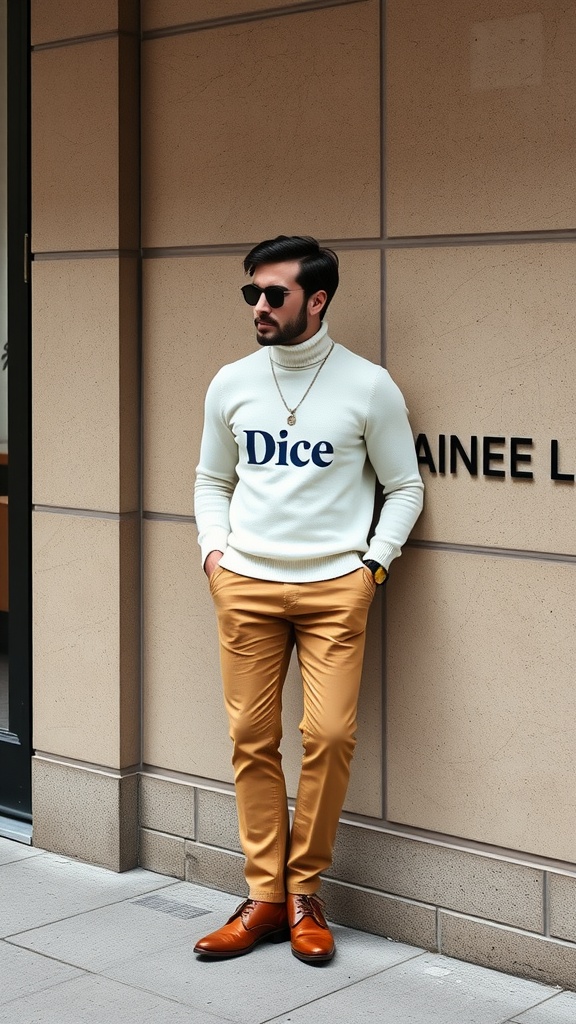 A man in a white turtleneck with a logo, beige chinos, and brown shoes, standing against a modern building.