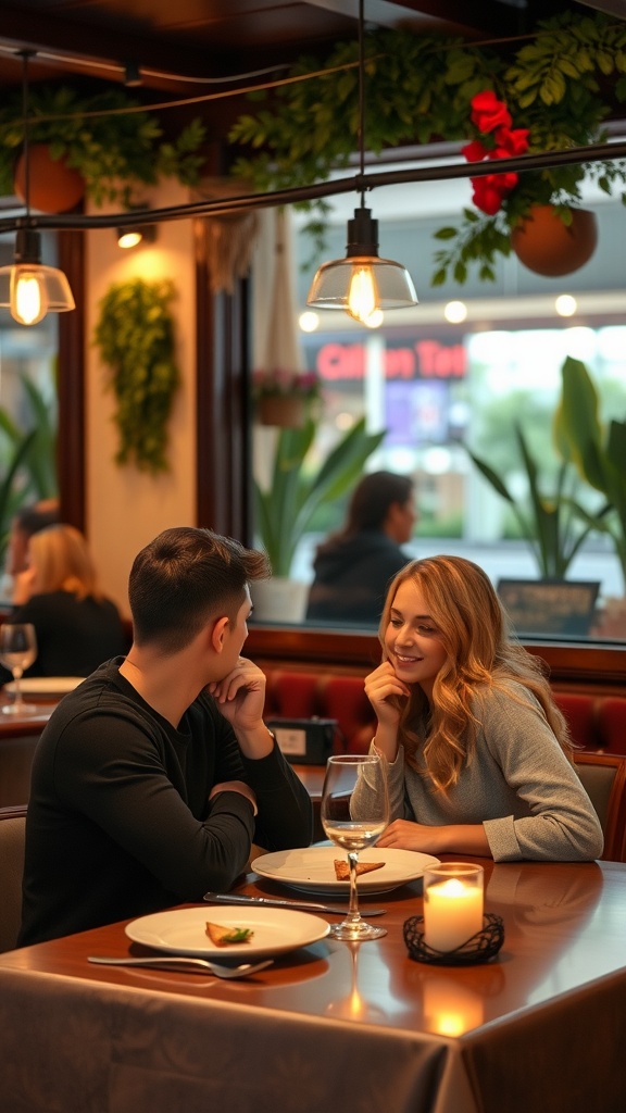 A couple enjoying a date at a cozy restaurant, seated at a table with drinks.