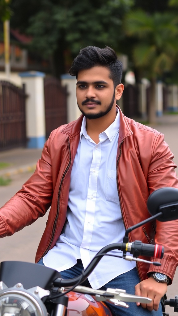 A man wearing a white shirt and brown leather jacket sitting on a motorcycle.