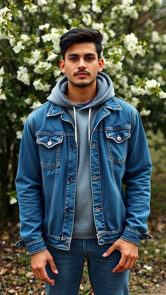 A man wearing a denim jacket over a hoodie, standing in front of flowering bushes.