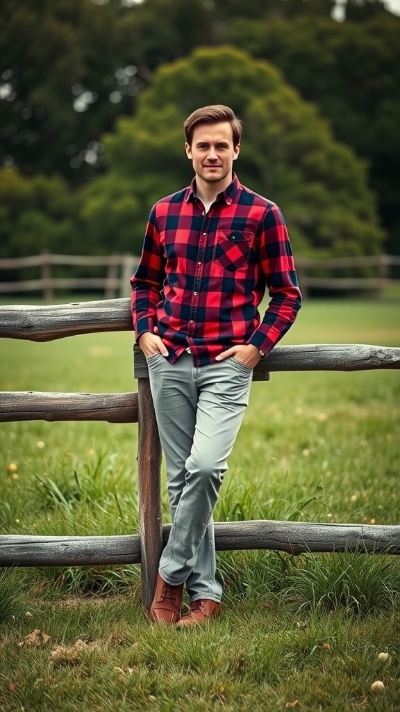 A man in a red and black flannel shirt and gray chinos, leaning against a wooden fence in a grassy field.