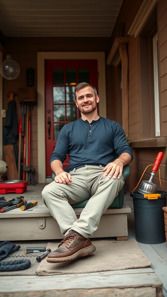 A man sitting on a porch, wearing a navy Henley shirt and light workwear trousers, with brown boots, surrounded by tools.