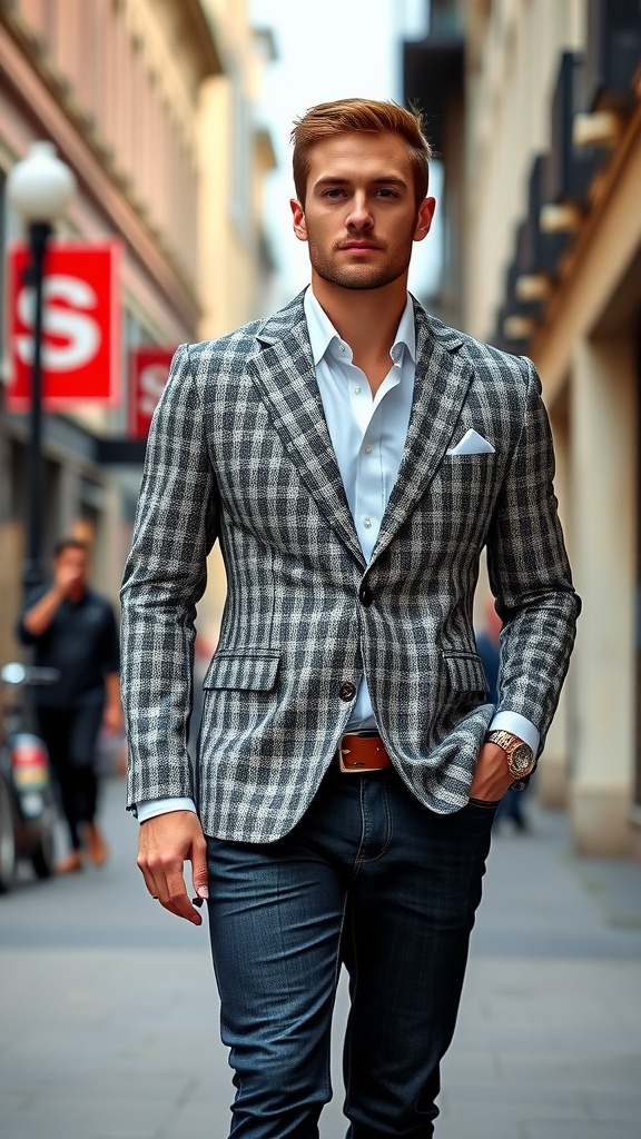 A fashionable man wearing a houndstooth blazer and dark jeans, walking confidently in a city street