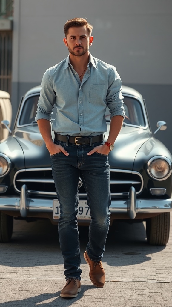 A man in a light blue button-up shirt and dark skinny jeans stands confidently in front of a classic car.