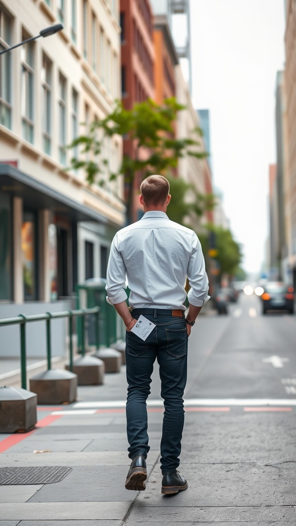 A man walking in a city, wearing a white shirt and black jeans.