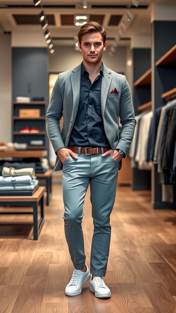 A young man wearing a light grey blazer, navy shirt, light grey chinos, and white sneakers, standing in a stylish retail store.