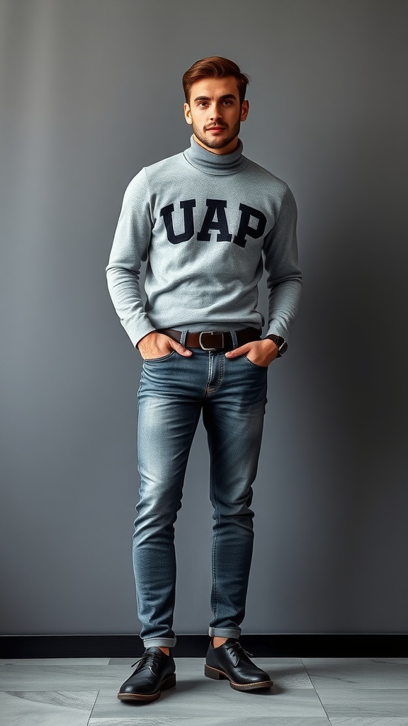 A man wearing a light grey turtleneck and slim-fit grey jeans, standing against a neutral background.