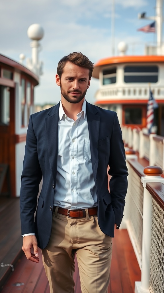 A man in a navy blazer and khaki pants stands on a riverboat.