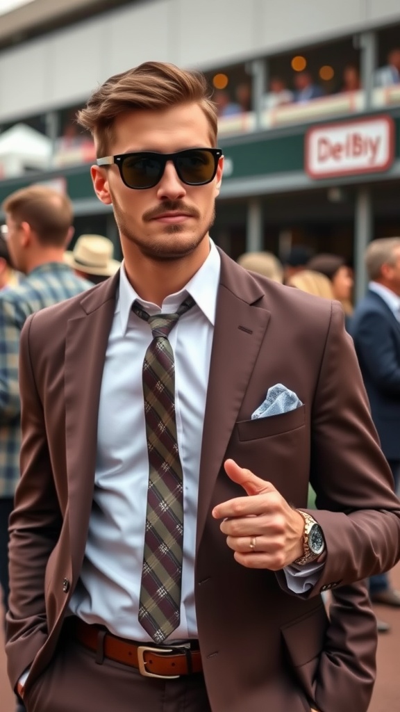 A man in a stylish brown suit with sunglasses and a patterned tie at a derby event.