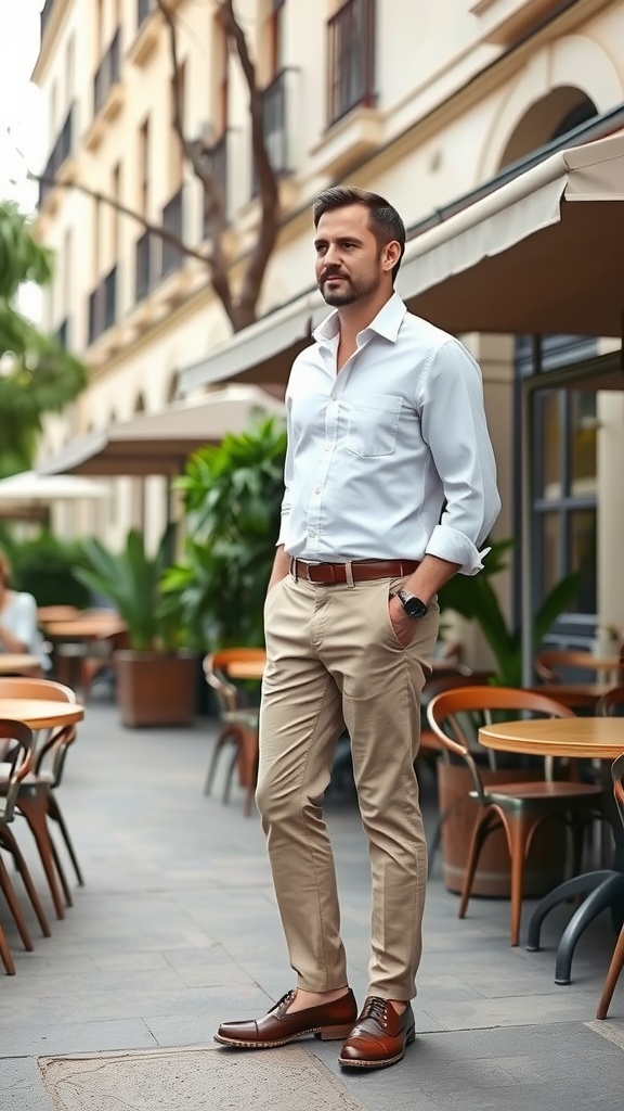 A man in a classic white button-up shirt and khaki pants, standing confidently outside a café.