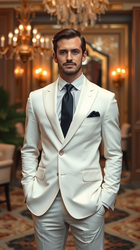 A man in a classic white suit with a black tie, standing confidently in a lavishly decorated interior.