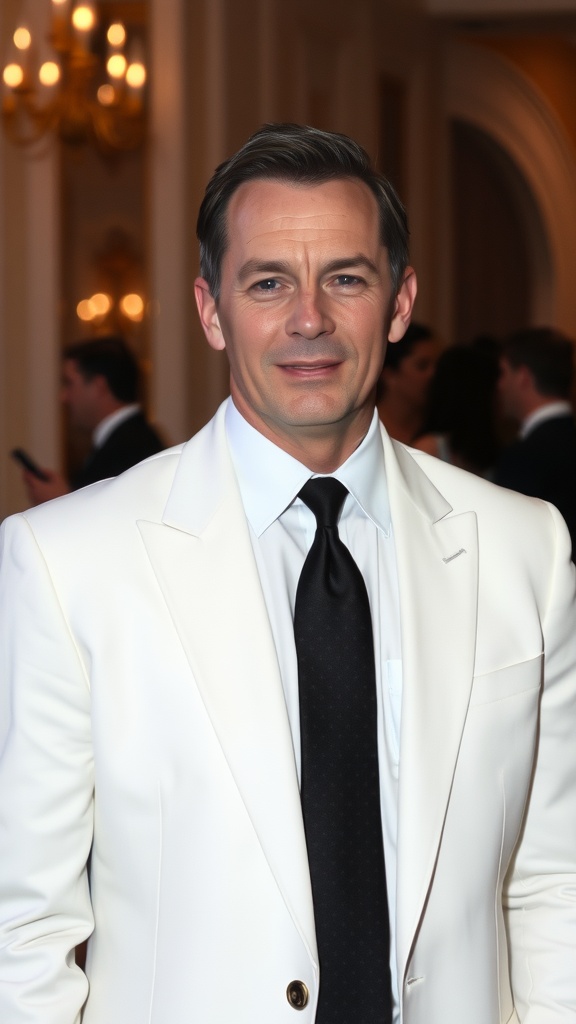 A man in a classic white suit with a black tie, exuding elegance at a formal event.