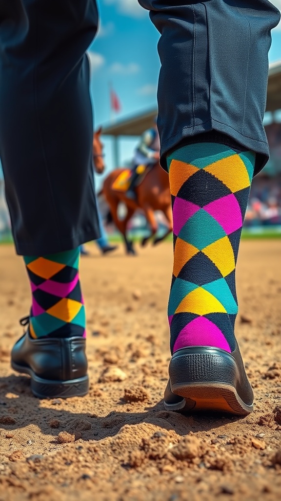 A close-up view of colorful argyle socks worn with black shoes at a derby event.
