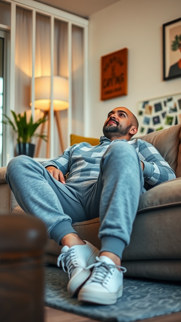 A man comfortably lounging on a couch, wearing grey joggers and casual sneakers.