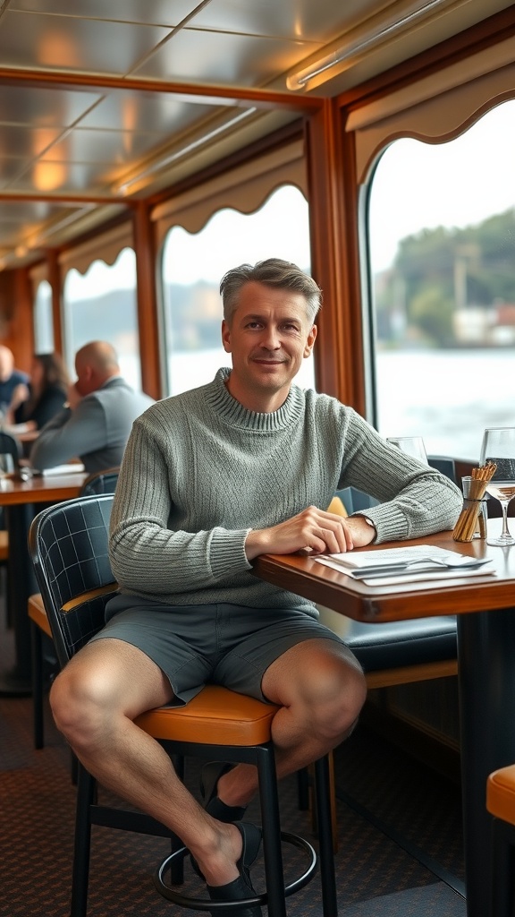 Man sitting on a riverboat during dinner cruise, wearing a sweater and shorts, relaxed atmosphere