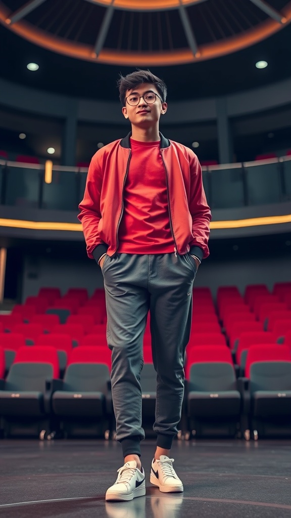 Young man in a red bomber jacket, red shirt, and gray joggers, posing in a theater