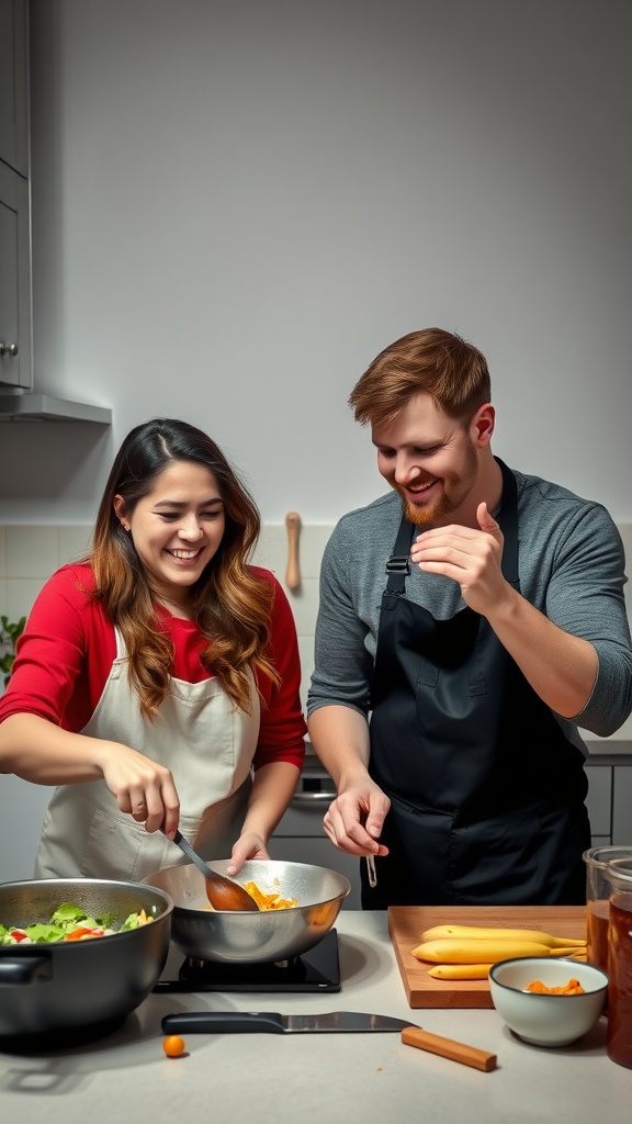 Two people happily cooking together in a kitchen.