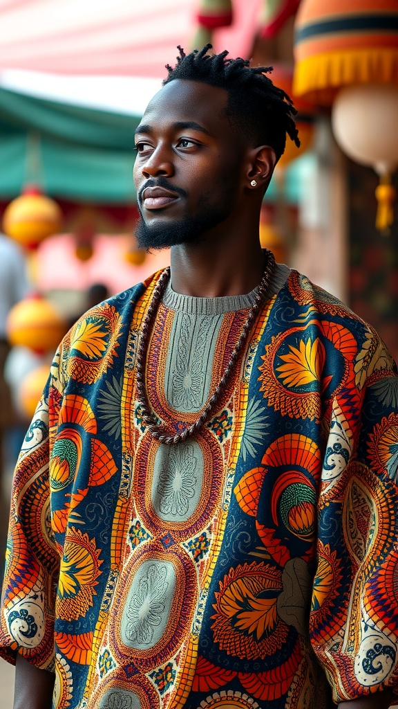 A stylish black man dressed in a colorful traditional outfit, showcasing cultural heritage through fashion.