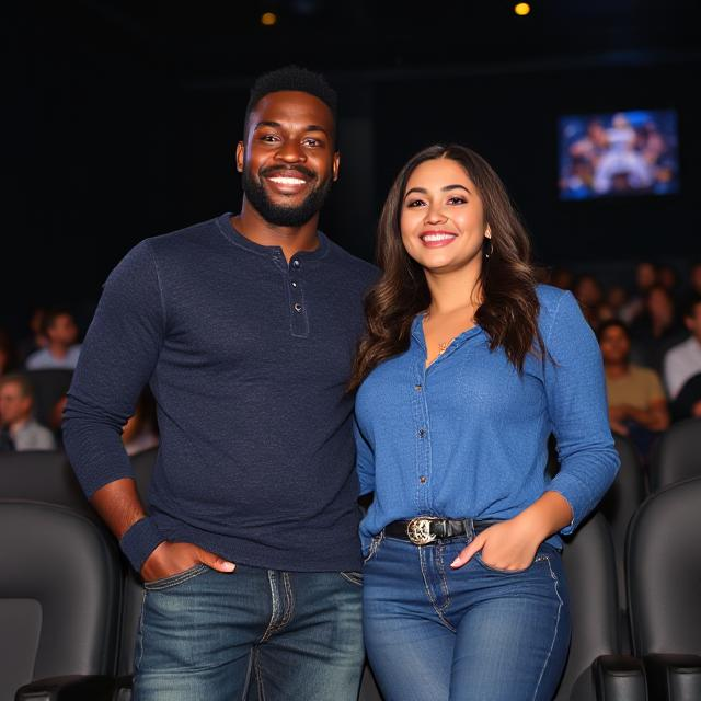 a black man wearing a blue Henley shirt with jeansnwith his girlfriend at a movie theater