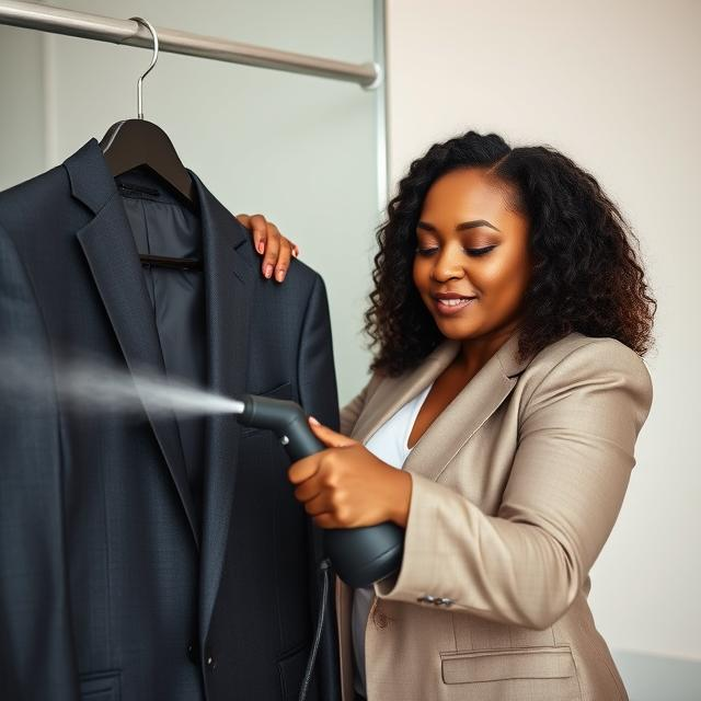 black woman steaming a suit