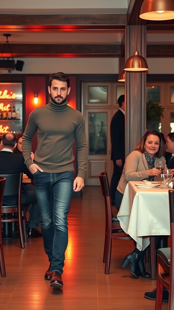 A man wearing a turtleneck and skinny jeans walking through a restaurant