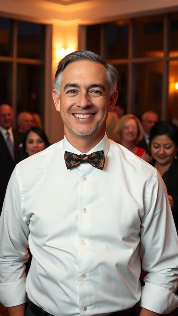 Man wearing a white shirt and a patterned bow tie, smiling at an event