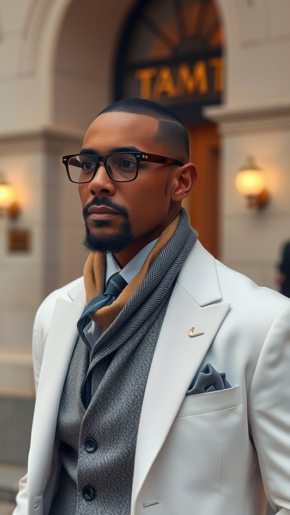 A man wearing a tailored white blazer over a gray vest, with a scarf, showcasing a stylish combination of white and gray.