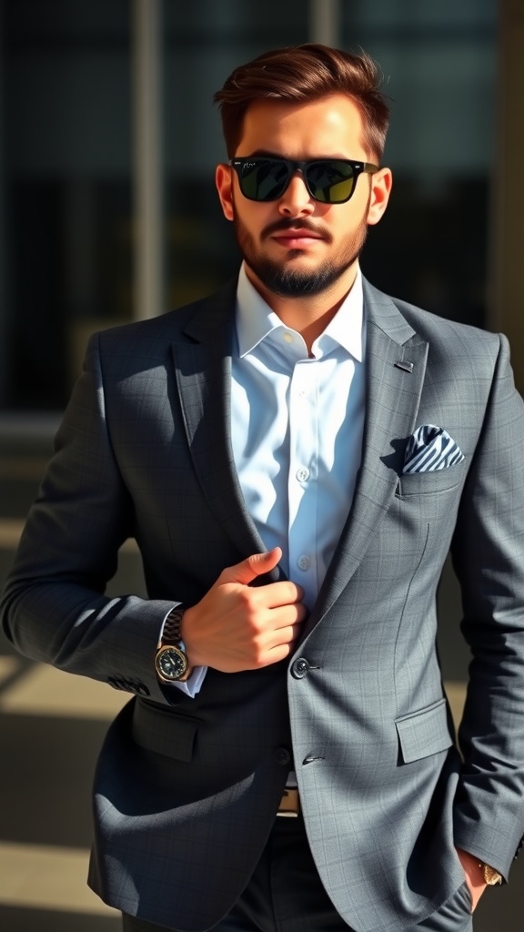 A stylish man in a grey suit with sunglasses and a pocket square, showcasing a dapper look.