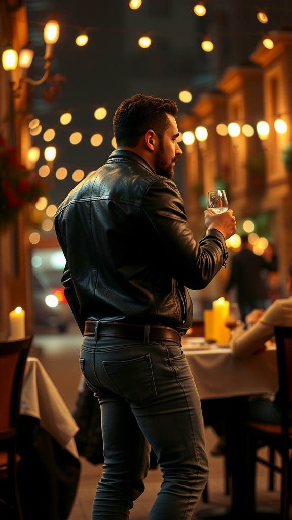 A man in a leather jacket enjoying a drink during a date night, standing in a softly lit outdoor setting.