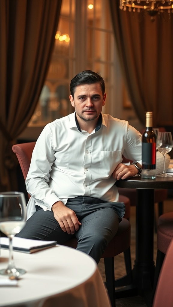 A man in a white shirt and tailored trousers seated at a restaurant table with wine and notebook.