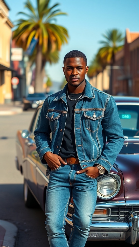 A stylish man in a denim jacket and jeans stands confidently in front of a vintage car.