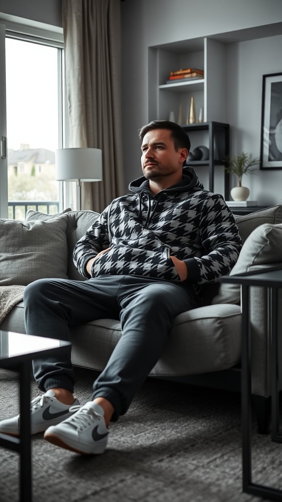 A man wearing a houndstooth hoodie and joggers, sitting on a couch in a cozy living room.