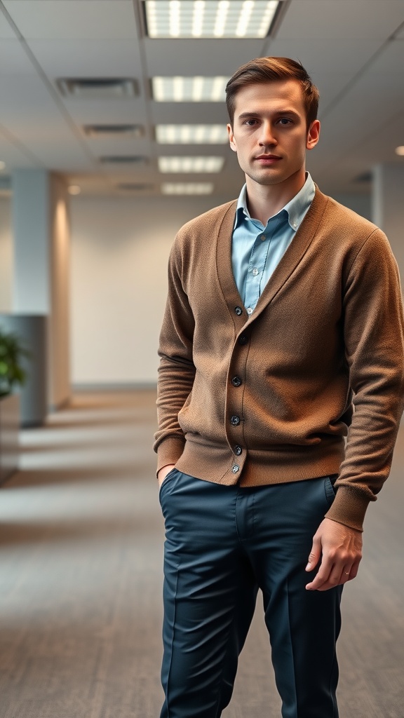 A man wearing a brown cardigan over a light blue shirt, standing in an office setting.