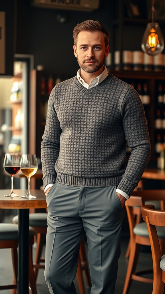 A man in a gray sweater and tailored trousers, standing confidently in a stylish restaurant setting.