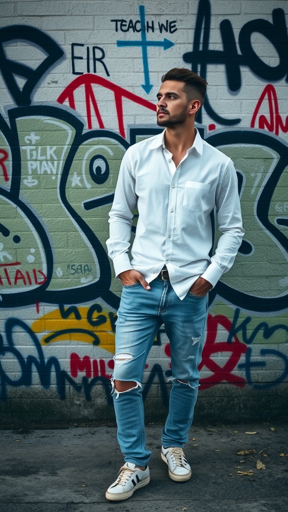 A man in a white shirt and distressed jeans stands confidently in front of a graffiti wall.