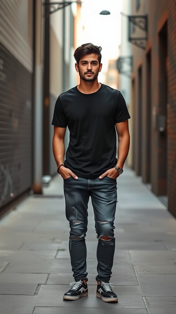 A man standing in an alley wearing ripped skinny jeans and a black t-shirt.