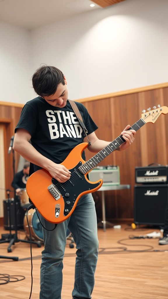 A young man wearing a black band t-shirt and grey jeans, playing an orange guitar in a studio setting.