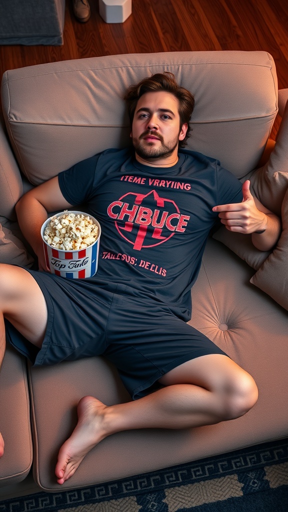 A navy graphic tee with the text 'LLATM CONT LOVE' paired with khaki shorts, placed on a couch next to popcorn and a movie ticket.