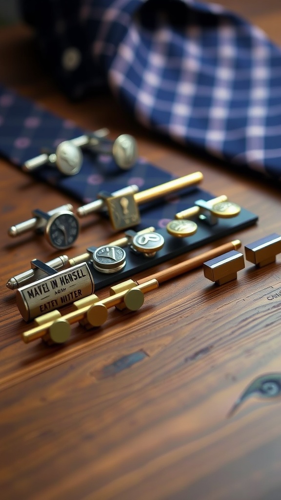 A collection of cufflinks and a tie bar displayed on a wooden surface next to a patterned tie.