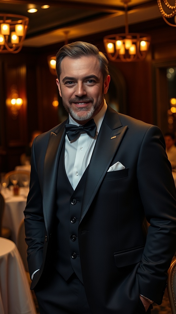 A man dressed in a tuxedo sitting at a table in an elegant restaurant, exuding confidence.