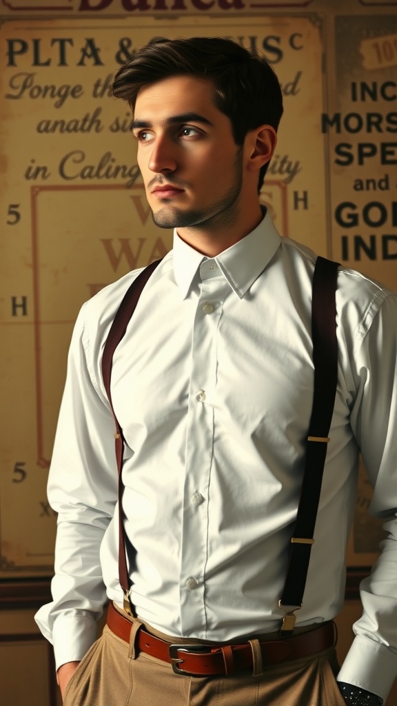 A young man wearing a white shirt with suspenders, showcasing a smart-casual outfit.