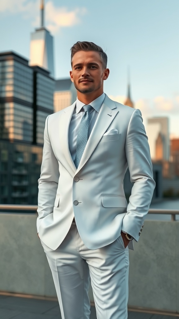 A man in a white suit with a light blue tie, standing confidently against a city skyline.