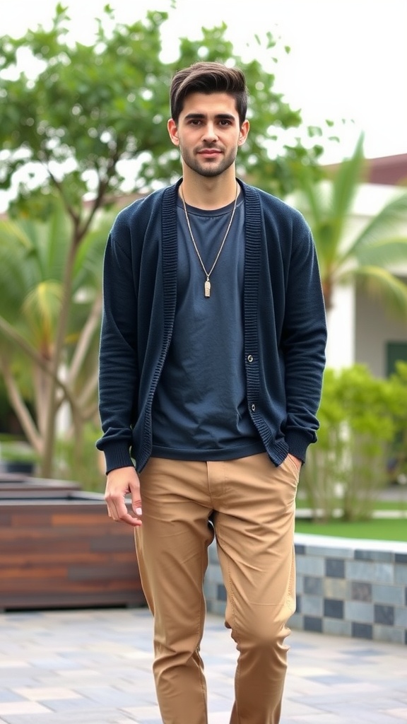 A man wearing a navy cardigan over a t-shirt and light-colored pants, standing outdoors.