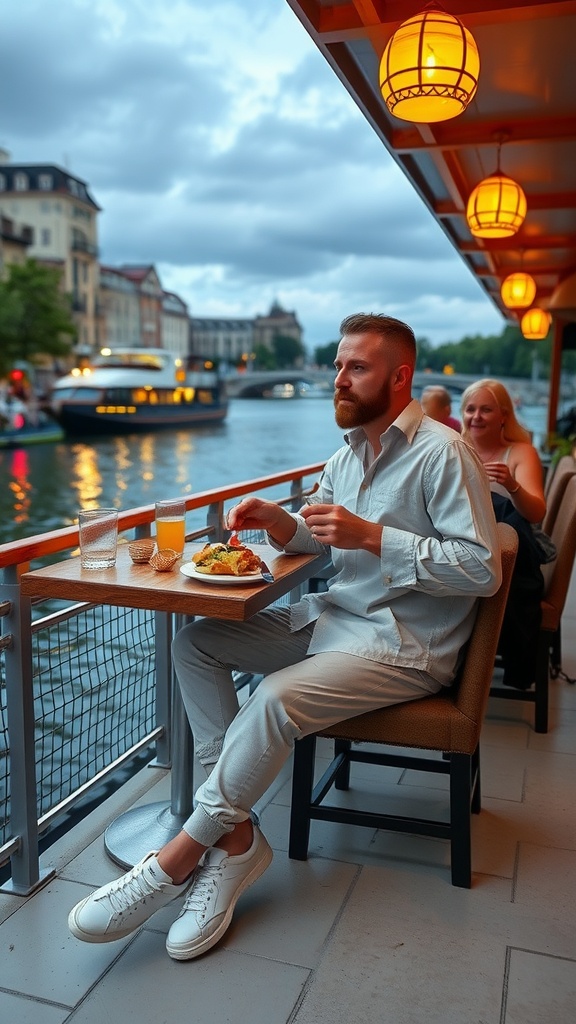 A man in a crisp white shirt with a pocket square, sitting at a table on a riverboat dinner cruise.