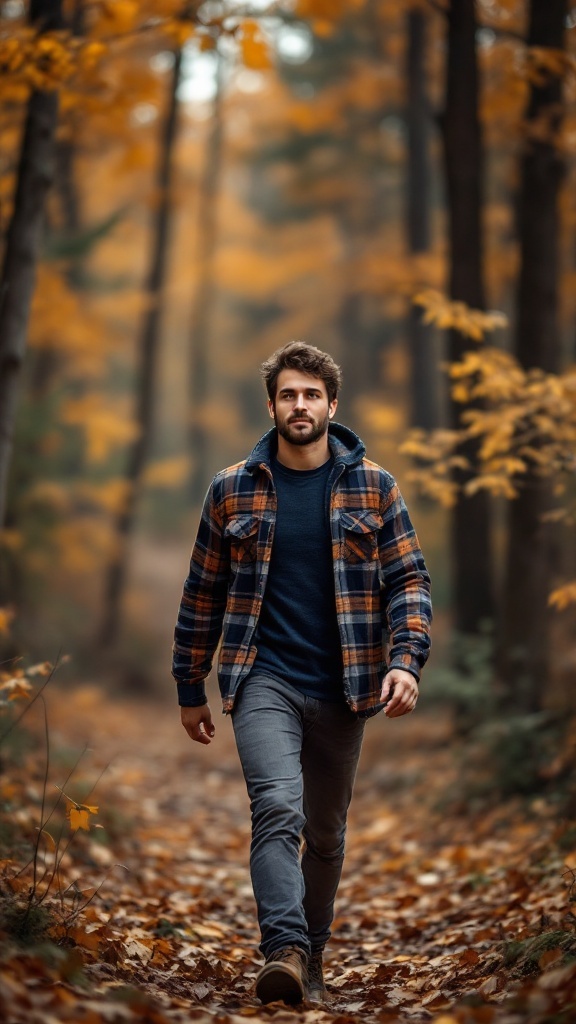 A man walking in a forest wearing a plaid flannel shirt and grey jeans during autumn.