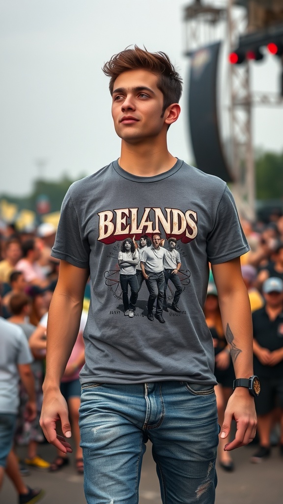 A young man wearing a band tee and skinny jeans at a festival.