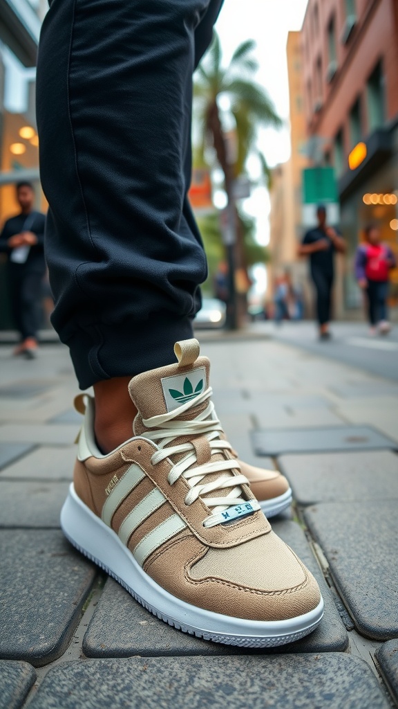 Stylish sneakers worn by two individuals on a city street