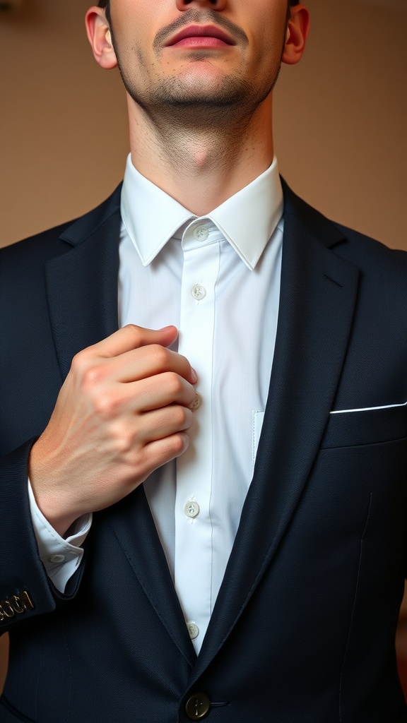 A man in a dark suit adjusting his white shirt collar