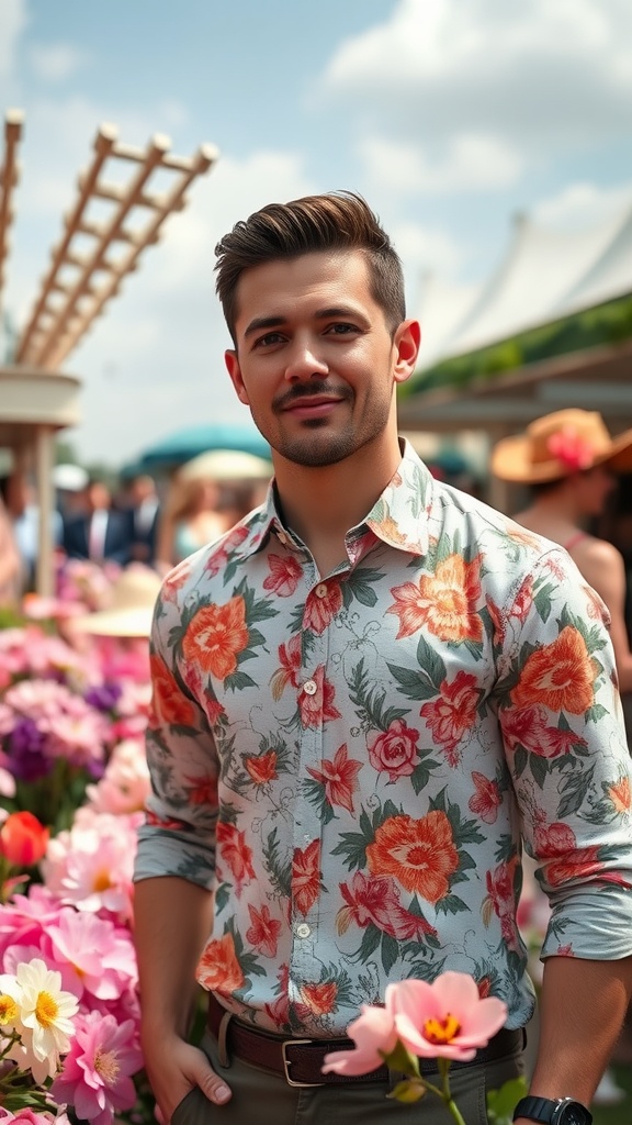 A man in a floral shirt stands amidst colorful flowers at a spring derby.