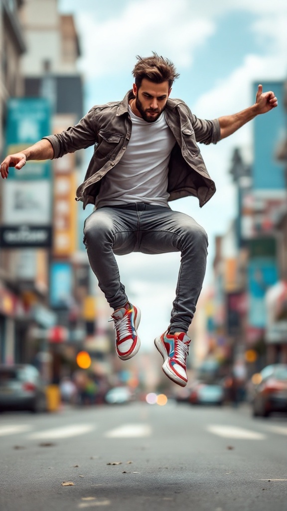 A person jumping in colorful orange sneakers, wearing grey jeans, in an urban street setting.